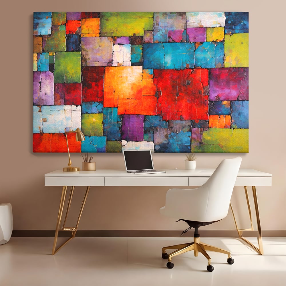 Tablou canvas cu tablou canvas cu mozaic geometric colorat, fara rama, pe sasiu de lemn, pe perete intr-un birou